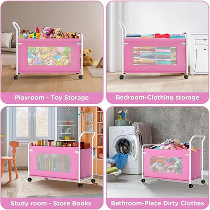 KEEGH Extra Large Toy Box for Kids with 360° Rotating Wheels, Heavy Duty Toy Chest for Boys and Girls, Toy Storage Organizer for Kids, Toy Bins for Living Room, Nursery, Bedroom (Pink)
