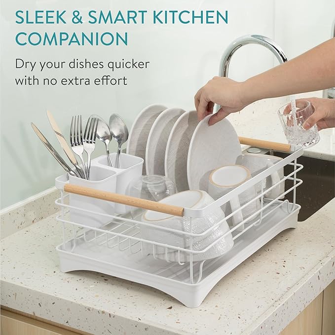 Navaris Dish Drainer Rack with Wooden Handle - Metal Draining Board with Drip Tray - Plate Drying Rack with Utensil Holder - Washing Up Drainers for Kitchen Sink - White