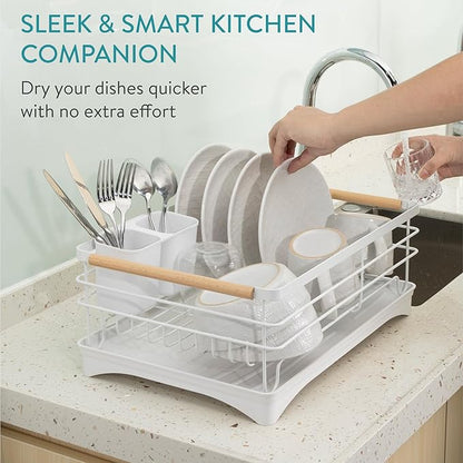 Navaris Dish Drainer Rack with Wooden Handle - Metal Draining Board with Drip Tray - Plate Drying Rack with Utensil Holder - Washing Up Drainers for Kitchen Sink - White