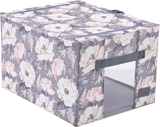 Periea 'Beau' Foldable Stackable Fabric Home Storage Boxes with Steel Frames - Set of 2 (Floral Grey, Small)