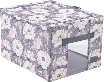 Periea 'Beau' Foldable Stackable Fabric Home Storage Boxes with Steel Frames - Set of 2 (Floral Grey, Small)