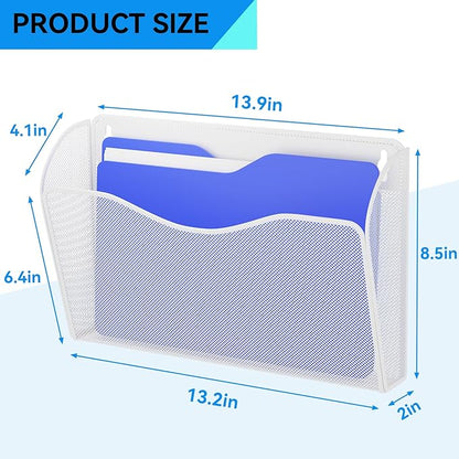 Single Pocket Wall File Holder, Mesh Hanging File Folder Paper Organizer, Vertical Wall Mounted Mail Basket, Storage Organization Magazine Rack for Office, Home and School, White