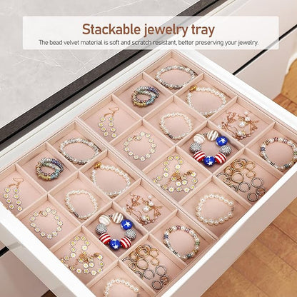 Zerodeko 2 Pcs Velvet Jewelry Organizer Tray with Adjustable Compartments Stackable 12-Grid Jewelry Display Insert for Drawer Storage and Home Decor