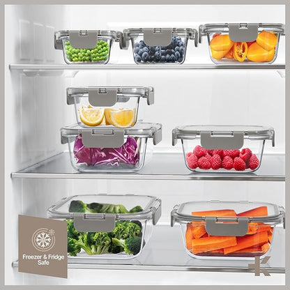 Bakken Borosilicate Glass Food Storage Containers with Lids 16 Pieces, BPA-Free Stackable Lunch & Leftover Containers, Microwave, Freezer & Dishwasher Safe, 100% Airtight Leak-Proof, Gray