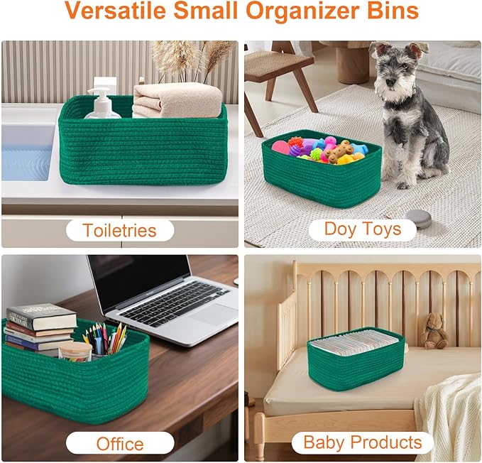 Small Storage Baskets for Organizing, Woven Storage Bins for Shelves, Gift Basket Empty, Cute Decorative Closet Organizer, Baby Rope Basket, Dog Toy Storage, 12.6x8.2x5”, 3Packs Green