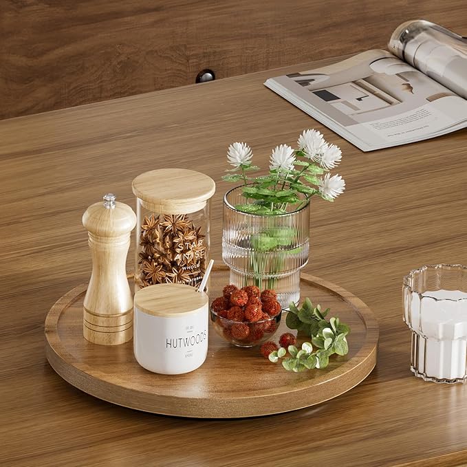 LAMU 12'' Acacia Wood Lazy Susan Organizer for Table Top, Lazy Susan Turntable for Cabinet, Kitchen, Countertop, Pantry Organization