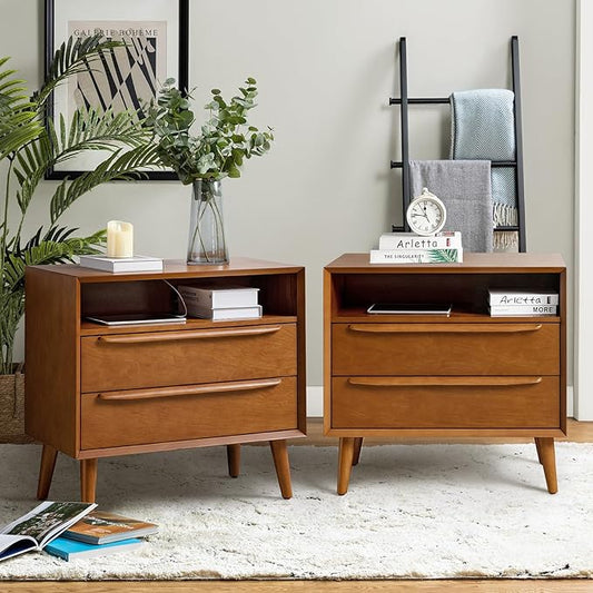 HULALA HOME End Table with Charging Station, Mid-Century Modern 2 Drawer and Open Shelf, Fluted End Table（Acorn, Set of 2）