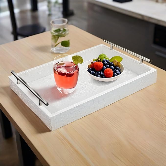 White Leather Serving Tray with Silver Handles, Rectangular Tray for Coffee Table, Ottoman, Alligator Faux Leather, Decorative Trays for Home Decor, for All Occasions, 16" x 12"