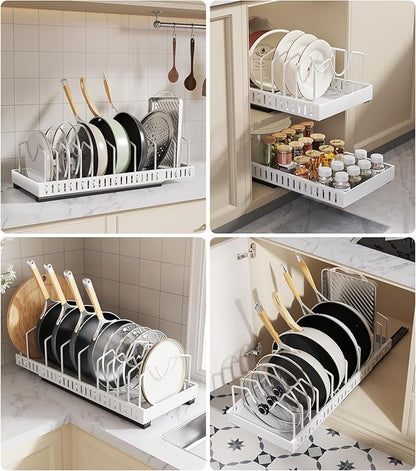 Pull Out Pots and Pans Organizer Under Cabinet, Expandable Sliding Lid Holder and Pan Rack for Kitchen, Slide Out inside Cabinet for Pot Lid, Bakeware, Dishes, 10 Adjustable Dividers, 2 Pack White