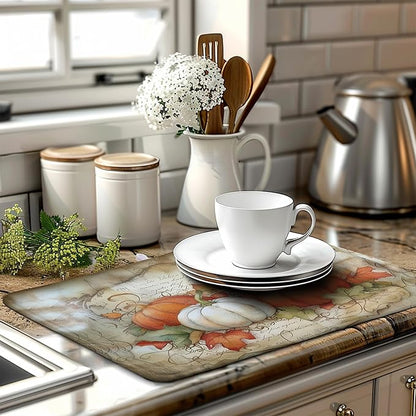 Wnoesat Autumn Kitchen Drying Mat 18x24 Inch Fall Pumpkin Maple Leaves Dish Drying Mats for Kitchen Counter Thanksgiving Absorbent Microfiber Dish Rack Mat for Coffee Bar Sink