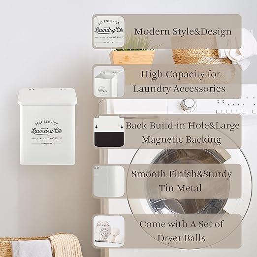 Magnetic Lint Bin for Laundry Room, Metal Trash Can with Lid for Dryer, Farmhouse Lint Holder, Laundry Co Sign, Laundry Room Storage Decor with Dryer Lint Brush (White-Dryer Ball Set)