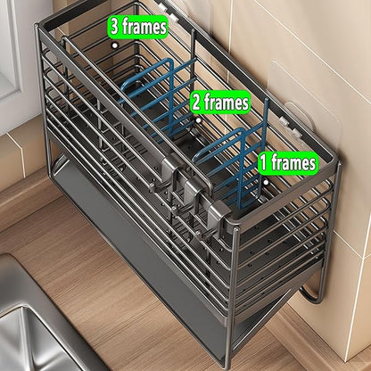 Utensil Holder,Dish Drainer for Kitchen Counter, 3 Compartments Stainless Steel Utensil Drying Rack, Kitchen Utensils Holder with Towel Bar,Self-Draining Tray Design(Gray)