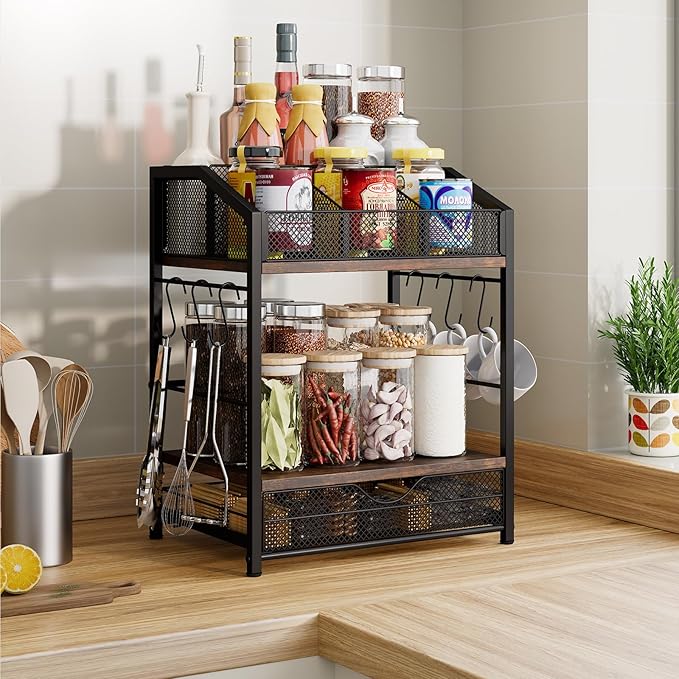 Coffee Bar Organizer - Countertop Coffee Station, 42 K Cup holder Storage Basket with Drawer and Hooks for Syrup, Cups, Stirrer, Condiment, Tea Organizer, Black and Brown