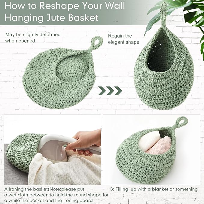 Honeydak Boho Decor Hanging Wall Baskets for Kitchen 3 Pack Teardrop Baskets with Hooks Storage Fruit Onion Vegetable Potato for Home 3 Sizes(Light Green,Cotton Rope)