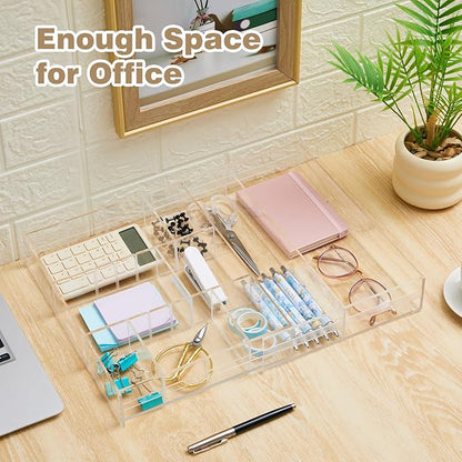 Briwooody 2 Pcs Acrylic Desk Drawer Organizer Maximum 11.8 x 17 x 1.9 Inch Expandable Drawer Organizer Trays with 7 Adjustable Compartments Desk Accessories for Makeup Silverware Office Bathroom