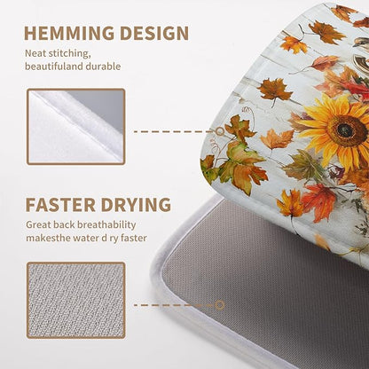 Wnoesat Fall Dish Drying Mat for Kitchen Counter Autumn Thanksgiving Pumpkin Sunflower Maple Leaf Leaves Birds Dishes Draining Pad Washable Dish Drainer Rack Mat Medium 16x18 Inch