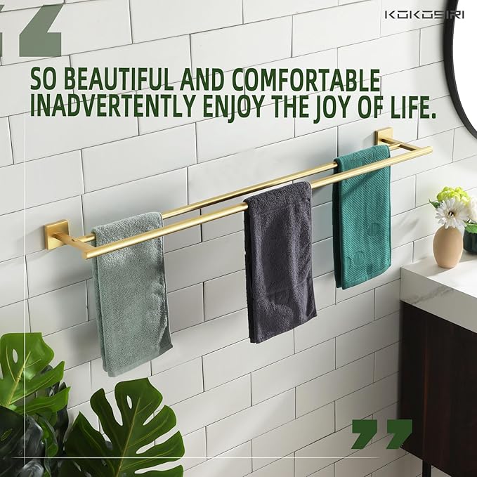 KOKOSIRI Bathroom Towel Bar 36'' Towel Holder with Two Rails Wall Mount Towel Shelves 36 Inch Brushed Gold Stainless Steel B5005BG-L36