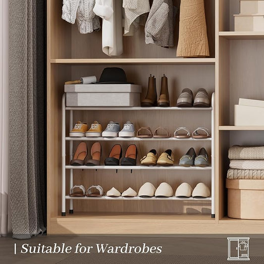 Expandable Shoe Rack, 4-Tier Metal Small Shoe Rack, Adjustable Shoes Organizer, Storage Shelf for Closet, Entryway, White