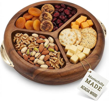 Multi-Purpose Serving Tray – Acacia Wood Round Decorative Tray with Golden Handles – Charcuterie, Snack, Breakfast, Coffee & Tea Platter for Parties & Home Decor