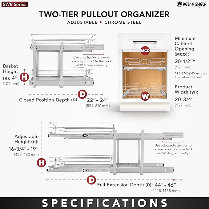 Rev-A-Shelf 2 Tier Pull Out Under Sink Organizer, 21 x 22 Inch, Steel Wire Pots and Pans Organizer, Tape Measure Included