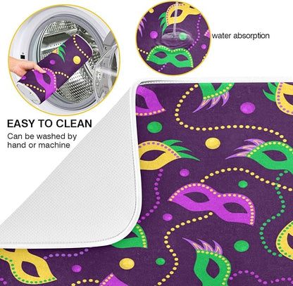 ZzWwR Colors Mardi Gras Carnival Absorbent Dish Drying Mat, 16 x 18 Inches Microfiber Kitchen Countertop Table Protector Multi-purpose Counter Rack Sink Drainer Pad