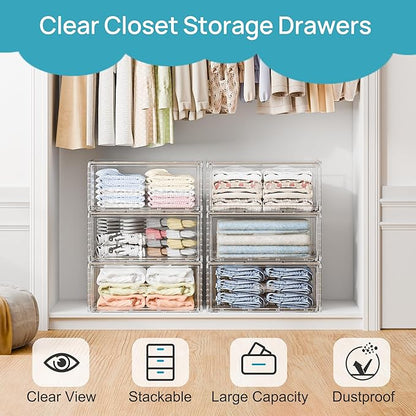 Vtopmart 3 Pack Large Clear Stackable Storage Drawers 27QT, Easily Assemble Plastic Closet Storage Bins, Dust-Proof UnderBed Organizer for Clothing, Sweater Organization