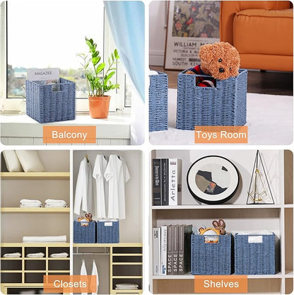 Vagusicc Wicker Storage Basket, Set of 2 Hand-Woven Storage Baskets for Shelves with Handles, Foldable Cube Storage Bins Organizer, Blue 13x13 Inch Large Wicker Baskets for Pantry Bedroom Decor, Blue
