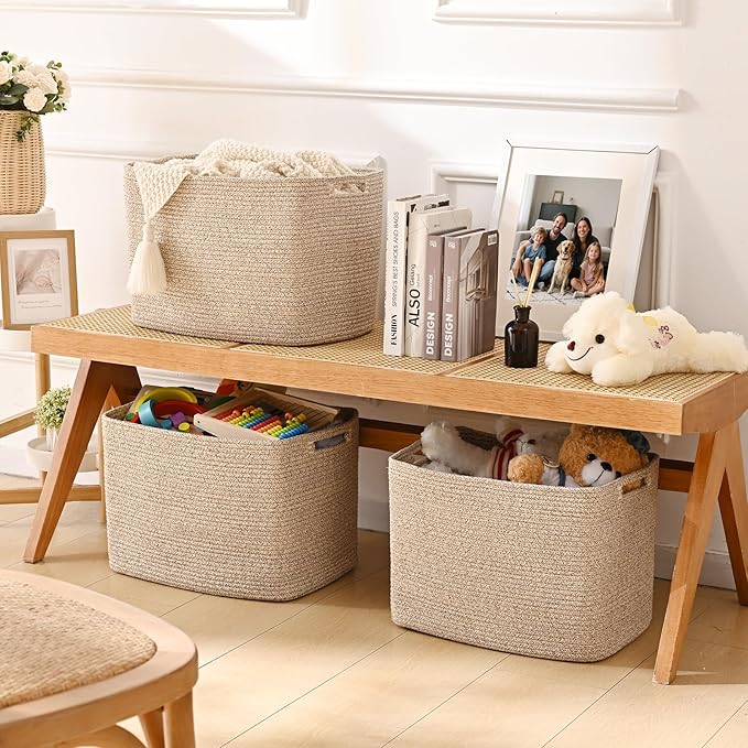 3 Pack Cube Storage Bin, 17”x12”x12” Cotton Rope Woven Baskets for Organizing Toys Clothes Towels, Square Gift Storage Baskets for Shelf, Nursery, Closet, Bathroom, Pantry (Jute)