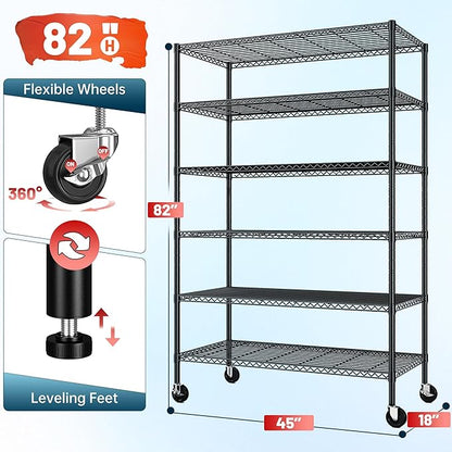 82" H X45 W X18 D Storage Shelves with Wheels, 6 Tier Wire Shelving Adjustable Metal Shelving Pantry Shelves Capacity 1200LBS for Garage Shelving, Pantry, Kitchen, Closet, Black,2P