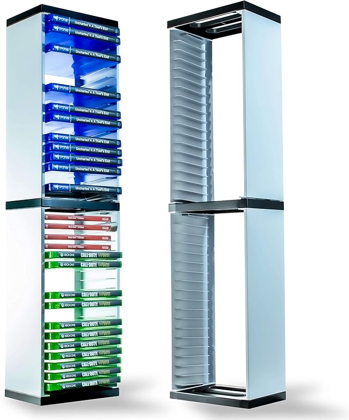 ADZ Game Storage Tower – Stores 36 Games or Blu-Ray Disks – Game Holder Rack for PS4, PS5, Xbox One, Xbox Series X/S Games and Blu-Ray Discs (White)