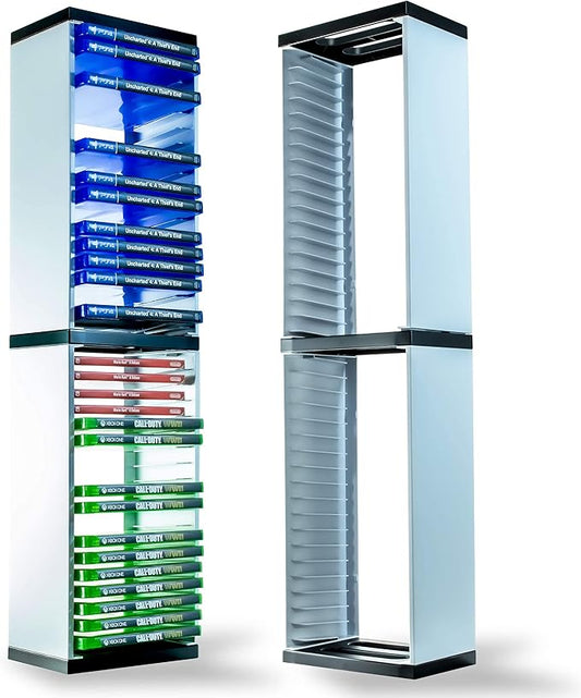 ADZ Game Storage Tower – Stores 36 Games or Blu-Ray Disks – Game Holder Rack for PS4, PS5, Xbox One, Xbox Series X/S Games and Blu-Ray Discs (White)