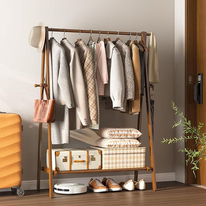 Solid Wood Clothes Rack with Shelves - Collapsible Clothing Racks for Hanging Clothes, Garment Rack with Shelves & 6 Hooks, Hanging Racks for Clothes, Bedroom, Entryway, Kids Room - Walnut