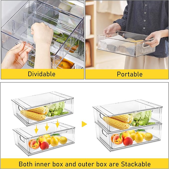 Greenby 4 Pack Refrigerator Organizer Bins with Pull-out Drawer Stackable Clear Fridge Drawer Organizer Fruit Vegetable Storage Containers for Kitchen Pantry Organization (2 Large+2 Small)