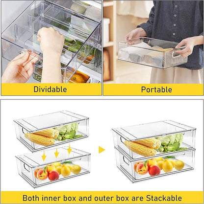 Greenby 4 Pack Refrigerator Organizer Bins with Pull-out Drawer Stackable Clear Fridge Drawer Organizer Fruit Vegetable Storage Containers for Kitchen Pantry Organization (2 Large+2 Small)