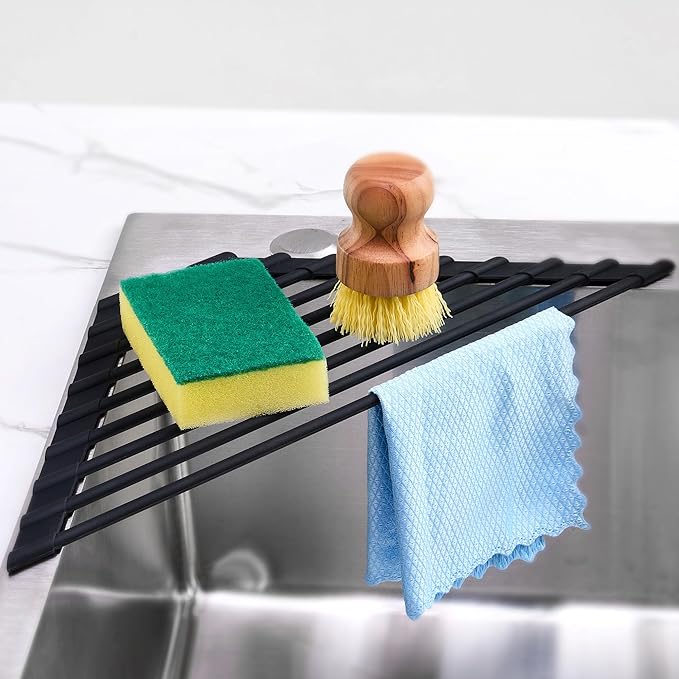 Triangle Roll Up Dish Drying Rack with Silicone Coated and Stainless Steel Over The Sink, Foldable, Anti-Rust and Anti-Slip Kitchen Drainer & Organizer for Top of Sink Corner, Black