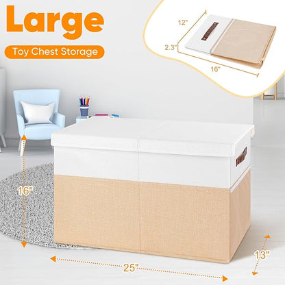 Large Toy Box, Collapsible Sturdy Storage Chest With Lids, Kids Toy Chest Storage Organizer Toddler Bin Boxes for Living Room, Bedroom, Nursery, 25"x13"x16", Beige & White