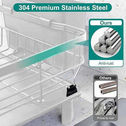 Dish Drying Rack for Kitchen Counter,Space-Saving Dish Rack with Drainboard,Rustproof Countertop Dish Drainer with Utensil Holder for Sink,White