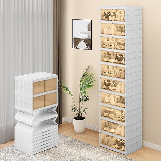 YITAHOME 10 Tier 20 Pairs Foldable Shoe Storage Box, Plastic Shoe Organizer with Magnetic Doors for Closet, Collapsible Sneaker Rack for Entryway Living Room Bedroom (White)
