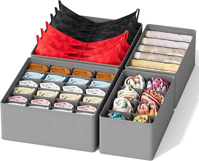 SpaceAid Underwear Drawer Organizer, 4 Pack Dresser Organizer Bins for Nursery, Closet Organization and Storage with Dividers for Baby Clothes Socks Bra Ties Scarf (Grey)