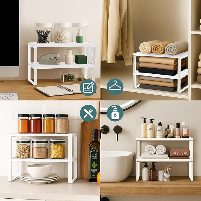 Sben Cabinet Organizer Shelf, Set of 2 Kitchen Counter Shelves, Kitchen Storage, Spice Rack, Stackable, Expandable, Metal and Engineered Wood, White