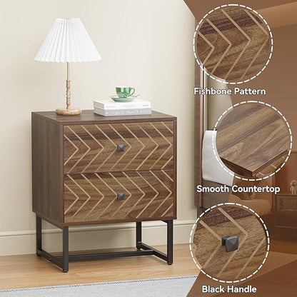 HOCAT Modern Nightstand Set of 2,Morden Night Stand with 2 Drawers,End Tables with Storage,Bedside Tables for Bedroom,Walnut