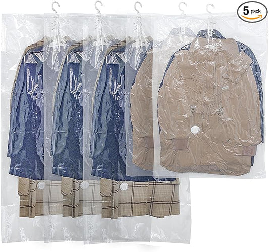 Hanging Vacuum Storage Bags,Hanging Vacuum Sealer Storage Space Saver Bags for Clothes, Suits, Coats, Dresses or Jackets, Reusable Compressed Vacuum Bags Closet Organizers,5 Pack(3 Long,2 Short)