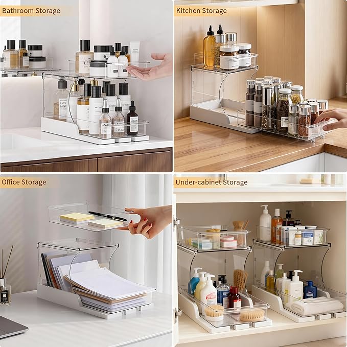 Attelite Under Sink Organizer, 2 Tier Pull Out Cabinet Organizer with 180° Rotating & Foldable Design, 2 Pack Sliding Drawers for Kitchen & Bathroom Storage, Fits Under Sink, Pantry, Cabinet