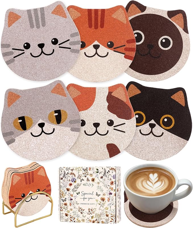 Oqplog Cat Drink Coasters for Desk Coffee Table Set of 6-Funny Cork Cup Holder Coaster for Office Home Outdoor Cute Decor Gifts for Women Family