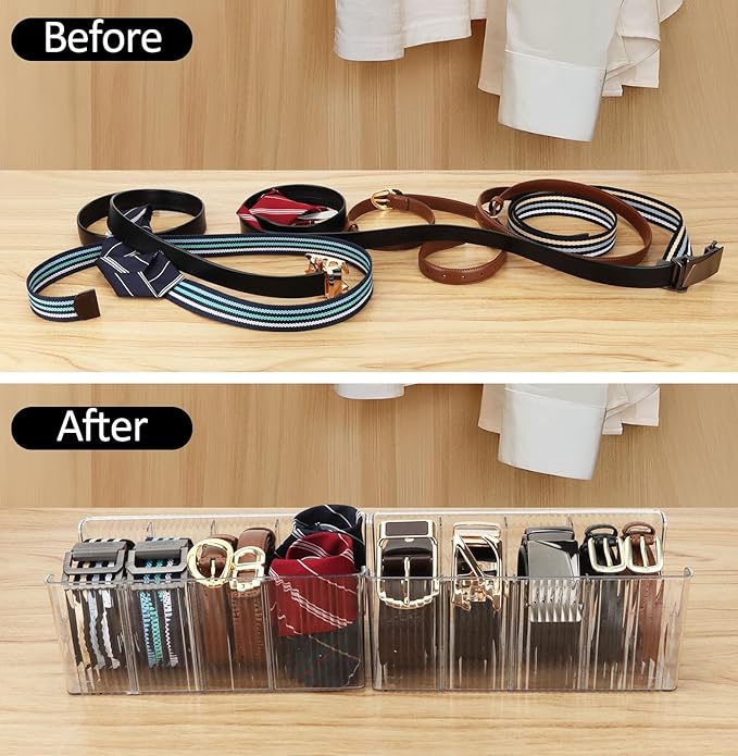 AUOIKK Acrylic Belt Organizer with Adjustable 4 Compartments & Stackable Design, Clear Storage for Closet and Drawer Organization