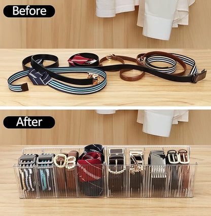 AUOIKK Acrylic Belt Organizer with Adjustable 4 Compartments & Stackable Design, Clear Storage for Closet and Drawer Organization