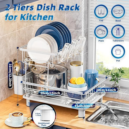 GAOKASE 2 Tiers Dish Drying Rack, Space-Saving Dish Racks for Kitchen Counter, Dish Drainer Drying Rack with Drainboard, Utensil Holder Cups Holder and Adjustable Swivel Spout, White