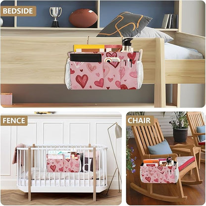 CuwrYet Bedside Caddy Hanging Bunk Bed Caddy Bed Organizer Hanging Pocket with 2 Hooks Bedside Storage Organizer Pocket Bag Holder Pink Cute Hearts