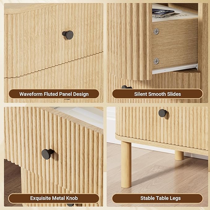 FavourLife Night Stand Set of 2 with Charging Station, 18" Fluted Nightstand with Rounded Corners & Solid Wood Legs, 2 Drawers End Table, Mid Century Modern Bedside Table for Bedroom, Natural Oak
