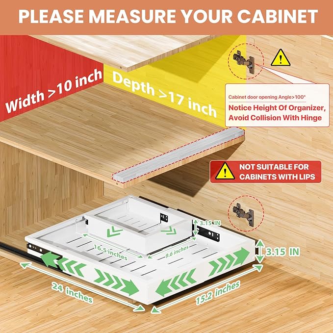 BUFOR 1 Pack Pull out Cabinet Organizer, Width (10"-16") Depth (17"-25"), with 3 Rails Adjustable Slide, Expandable Pullout Drawers for Cabinets, No Drill Adhesive Kitchen Drawers for Pantry Shelves